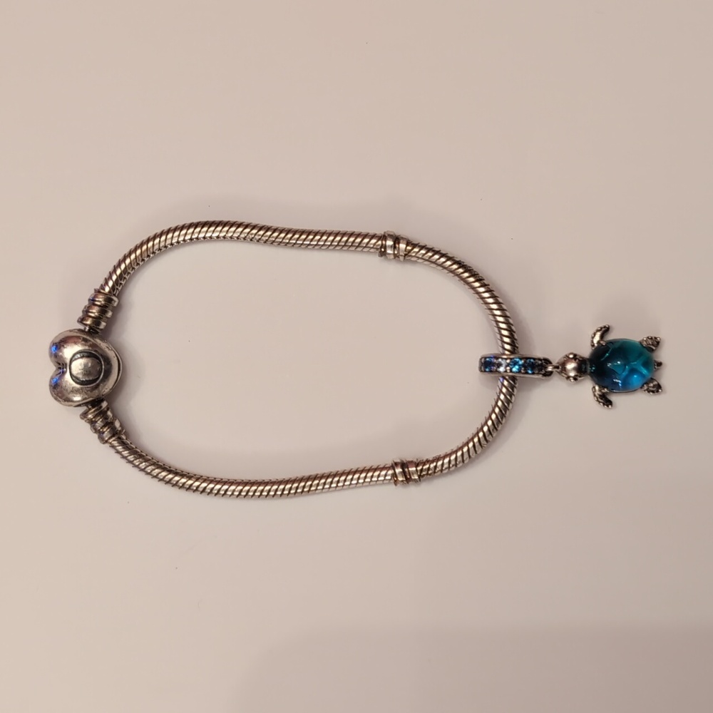 Silver Pandora Bracelet With Silver And Blue Glass Turtle Charm